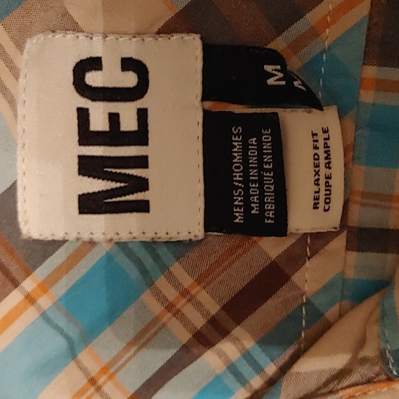 Men's US M MEC Cotton Blue, Tan and Brown Checkered Hiking Shirt in Relaxed Fit - Picture 7 of 8